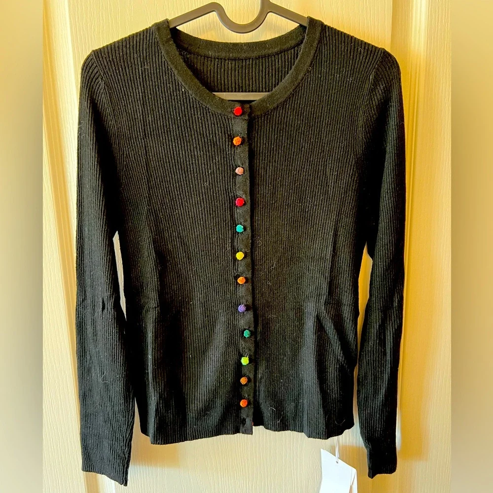 Black wool cardigan withh rainbow knot buttons - Picture 1 of 4